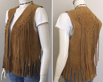 1970s Vintage Fringed Suede Vest Harvest Gold Unisex S  VFG