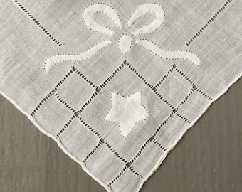 Vintage 1940s Sheer White Handkerchief with Appliquéd Stars and Bows Wedding Hanky VFG