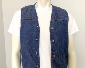 Vintage 1960s 1970s Denim Vest with Faux Sheepskin Lining Mens Work Wear VFG
