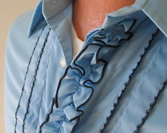 Vintage 1970s Powder Blue Ruffle Tuxedo Shirt with Navy Blue Trim by After Six VFG