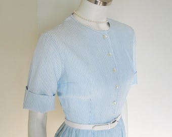 Vintage 1960s Light Blue and White Striped Oxford Cloth Spring Summer Dress S M VFG