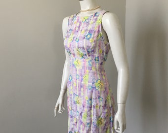 1990s Vintage Shimmering Pastel Floral Plaid Empire Sleeveless Summer Dress S VFG