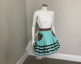 Vintage 1950s Apron Turquoise with Brown Hearts and RickRack Trim VFG