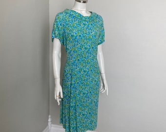 Vintage 1960s Tiny Turquoise Blue Green Paisley Floral Print Shift Dress XL VFG