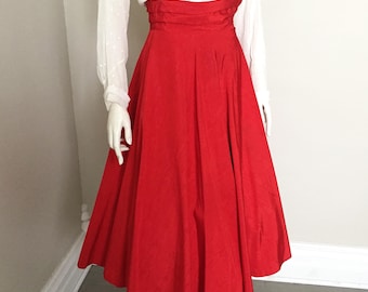 Vintage Red Moire Faille Flared Skirt with Cummerbund Waist XXS W22