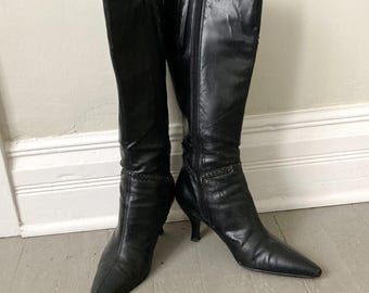 Vintage Y2K Tall Black Pointy Toe Witch Boots Halloween 9M Vegan VFG