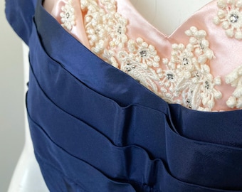1950s Navy Blue Satin Shelf Bust Dress with Lace Detail VFG