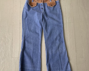Vintage 1970s Blue Denim Bell Bottom Jeans with Brown Faux Suede Wide Waistband VFG