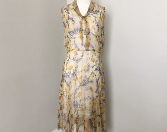 RESERVED for SAIRA Authentic Vintage 1920s Sheer Floral Daisy Print Spring Summer Dress S M VFG