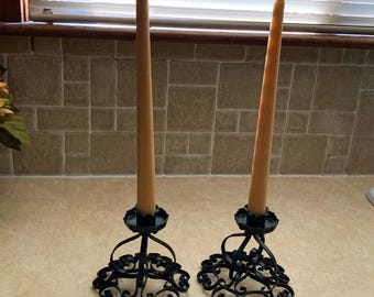 Vintage 1960s Spanish Set of 2 Black Scrolled Metal Pedestal Footed Candle Holders