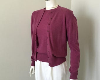 Vintage 1950s Boysenberry Plum Pringle Scotland Cashmere Sweater Set M L VFG
