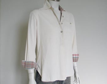 Vintage 1970s Cream Corduroy Blouse with Red Green Brown Plaid Detailing S VFG