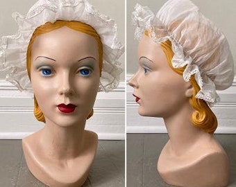 1970s Vintage Sheer White Cap Hat Nightcap for Period Costume 1770s Halloween Theater VFG