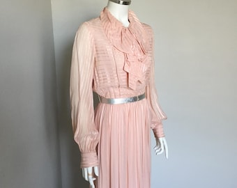 1970s Dusty Rose Pink Maxi Dress: Rona NY, Ruffle Jabot, Bishop Sleeves, M VFG
