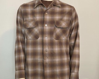 Vintage 1940s Pendleton Brown Wool Shadow Plaid Work Shirt 50" Chest VFG