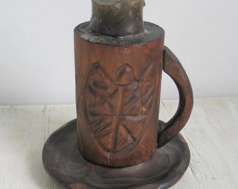 Vintage 1970s Old World Style Primitive Look Carved Wood Mug Candle Goth Decor
