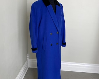 1980s Vintage Royal Blue Herman Kay Winter Coat with Black Velvet Trim VFG