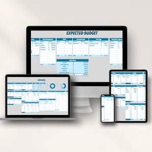 Puede incluir: Imagen que muestra una computadora de escritorio, una computadora portátil, una tableta y un teléfono inteligente que muestran una hoja de cálculo de presupuesto. El texto dice: "PRESUPUESTO Y REALICE UN SEGUIMIENTO DE SUS GASTOS EN UN SOLO LUGAR."