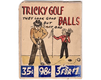 Original Vintage Magic Shop Counter Display Hand Painted Sign "Tricky Golf Balls" Circle Magic NYC Tannen magician advertisement 1950s 60s