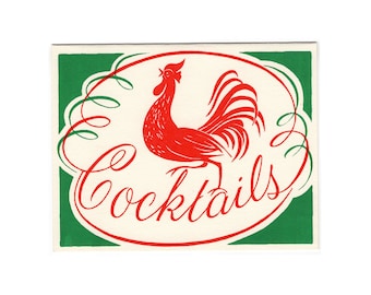 Vintage Set of 5 COCKTAIL PARTY Invites 1960s 1970s mid century retro rooster chicken red green script invitation hand printed block print