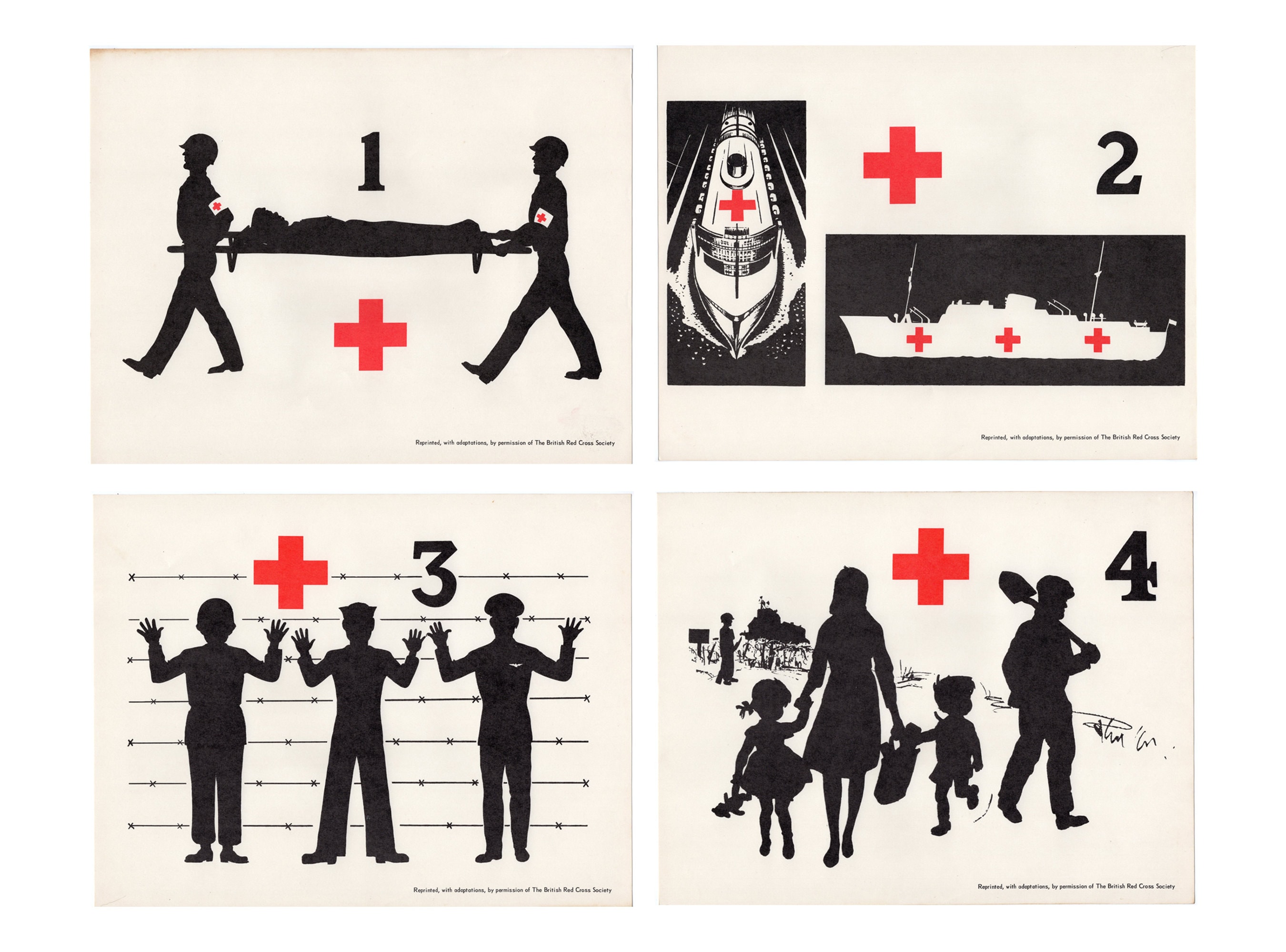 LOT of 4 Vintage 1940s Red Cross Geneva Conventions Prints/posters