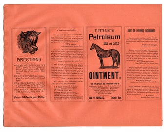 LOT of 5 SHEETS Antique UNCUT Tittle's Petroleum Labels Geo W. Pepper Co. Horse Cattle veterinary medical