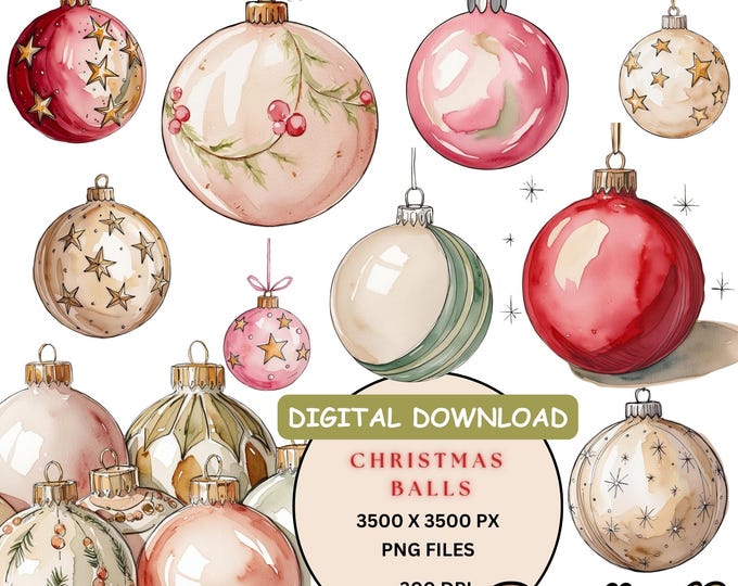 Featured listing image: Christmas Balls Clipart Cute Christmas Balls Watercolor Balls PNG Winter Cute Christmas Clipart Designs Kawaii Christmas PNG Bundle Balls