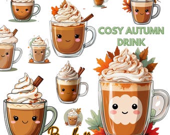Kawaii Pumpkin Spice Latte Clipart Bundle: Fall Coffee PNGs (Digital Download