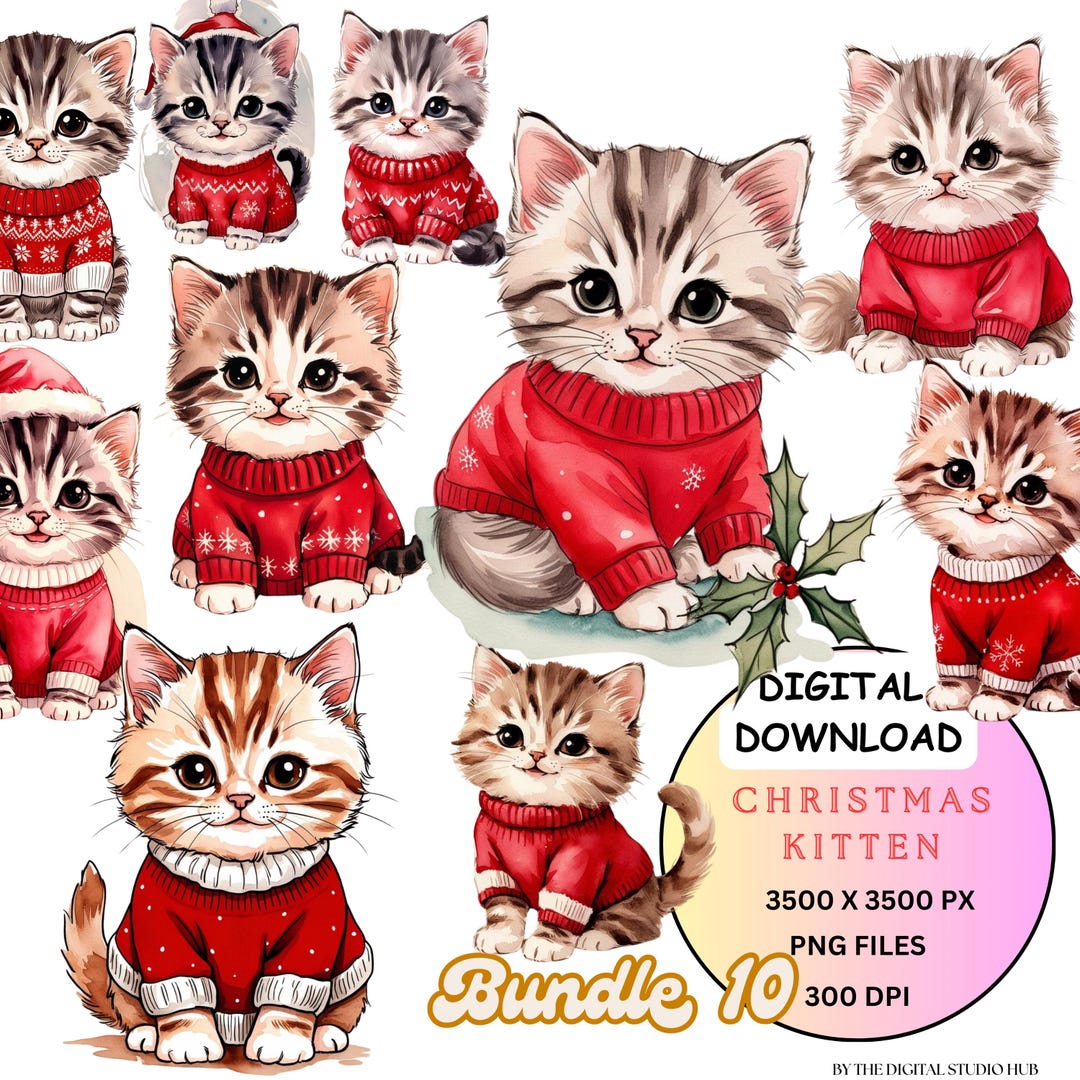 Christmas Kitten Clip Art, Vintage Kitten Watercolor Printable, Kitten ...