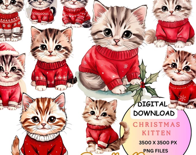 Featured listing image: Christmas Kitten Clip Art, Vintage Kitten Watercolor Printable, Kitten Illustration Pack, Holiday Clip Art Collection, Kitten PNG Bundle