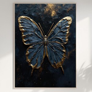 Stampa digitale farfalla blu oro, farfalla astratta, arte murale farfalla, tela astratta oro e nero, arte murale farfalla astratta