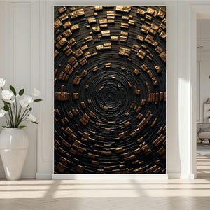 Gold Black Spiral Tiles Digital Print, Gold and Black Abstract Canvas, Abstract Geometric Wall Art, Gold Tiles Depth Art, Gold Wall Art