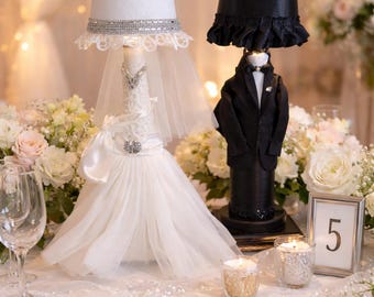 Handmade Bride and Groom Lamps – Upcycled Wedding Decor, Rechargeable Lights