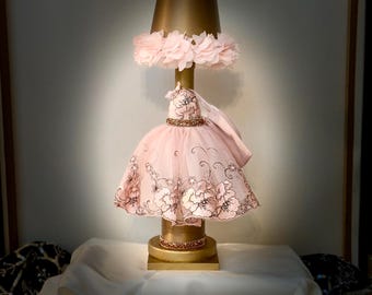 Upcycled Bottle Lamp, Pink and Gold Dress, Rechargeable LED Night Light