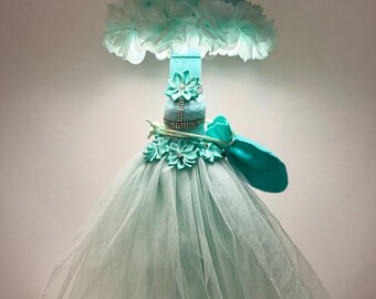 Upcycled Bottle Lamp, Teal Tulle Dress, Rechargeable LED Night Light