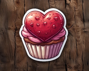 May include: A red heart-shaped cupcake with pink icing and red sprinkles. The cupcake is decorated with a white border and is on a wooden background.