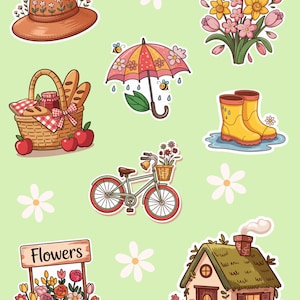Cottagecore Spring Stickers Set  Cute Floral Picnic Garden Stickers with Cottage, Flowers, Umbrella, and Bicycle for Journaling, Spring Time