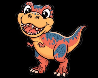 Puede incluir: Una ilustración de dibujos animados de un dinosaurio rojo, naranja y azul con una gran sonrisa. El dinosaurio tiene un patrón de manchas y está de pie sobre sus cuatro patas.