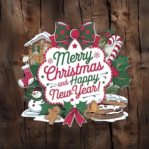 Sticker joyeux Noël et bonne année, sticker festif en vinyle pour les fêtes, parfait pour les ordinateurs portables, l'emballage cadeau et les travaux manuels des fêtes
