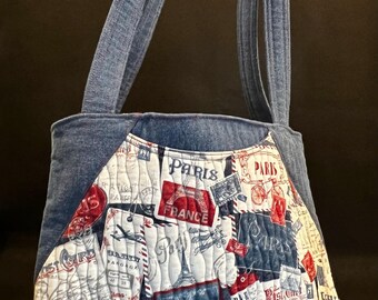 Handmade Quilted Crossbody Bag: Paris Theme Shoulder Bag