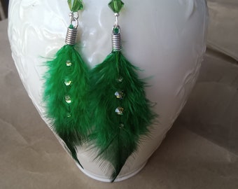 Green Swarovski And Saddle Rooster Feather Earrings