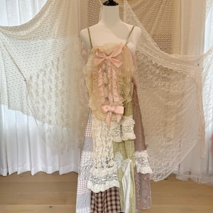 cottagecore Patchwork Dress Vintage etereo boho dress gonna fata con lacci
