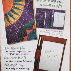 May include: A promotional image for a "Pocket Scribbler" notebook kit. The image shows two styles: a book style with a cover and a pad style in real leather. The book style is 4 1/8" x 5 3/4" when closed. The kit includes gift tags.
