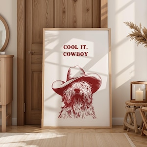 cool it cowboy red art print, retro print, vintage art, Red wall art dog, western dog print, trendy decor, digital download, art