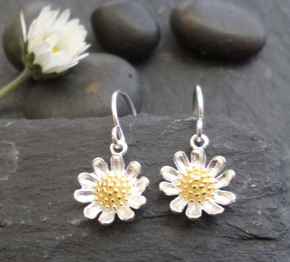 925 Solid Sterling Silver Flower Daisy Drop Dangle Earrings