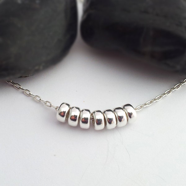 Sette perle collana in argento Sterling, Lucky argento perla collana, argento semplice stratificazione perline collana perle di tinta argento ciambella sulla catena