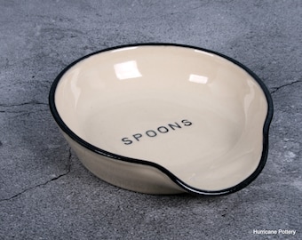 Ceramic Spoon Rest Colored Rim and Stamped with spoons, spoon spot, spoon holder, spoon keeper (in all caps)  Handmade Kitchen Dish.