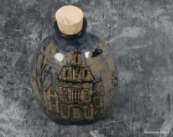 Haunted House and Graveyard Bottle with Stopper. Hand Thrown Stoneware Pottery