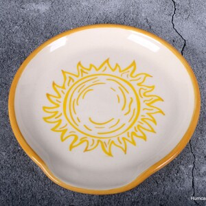 Handmade Ceramic Spoon Rest: Retro Yellow Sun Kitchen Dish