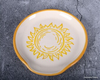 Yellow Sun Ceramic Spoon Rest. Yellow Rim. Retro Handmade Kitchen Dish for Spoons. Made to Order